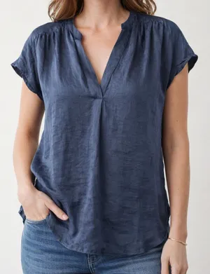 Lucky Brand Satin V Neck Short Sleeve Top Blouse Blue XS thumbnail 1