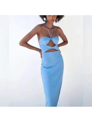Zara Bright Blue Strapless Cutout Midi Dress thumbnail 4