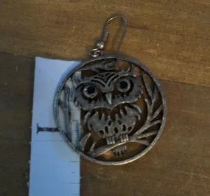 Silver tone filigree owl hoop earrings thumbnail 3