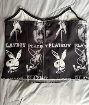 Black + white Playboy magazine print corset top size large runs small never worn #playboy #playboy #corset #croptop thumbnail 2