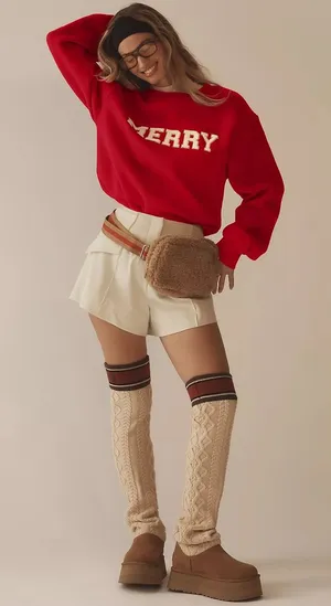 Anthropologie Sherpa Belt Bag‎ Tan Fleece Faux Shearling Crossbody Red Stripe thumbnail 1