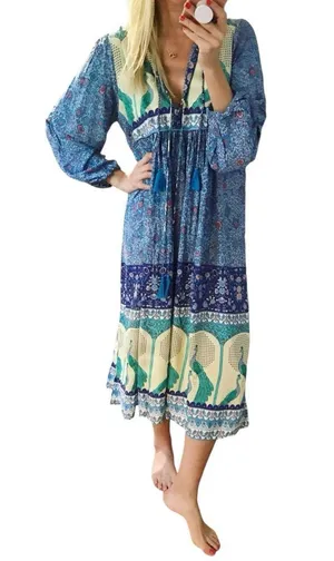 R. Vivimos Size XL 16 18 Blue Floral Print Long Sleeve V Neck Tassel Midi Dress thumbnail 2