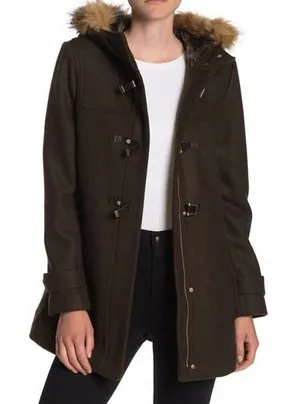 Cole Haan‎ Wool Blend Faux Fur Trim Hooded Coat, Brown, Size 4, NWT thumbnail 1