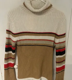 Elegant Striped Turtleneck Sweater - Cream, Tan, Red thumbnail 1