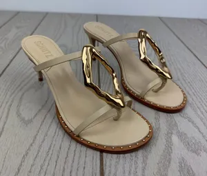 Schutz Women's Amarilis Stiletto Heel Leather Sandals 7B Natural & Gold $178 thumbnail 1