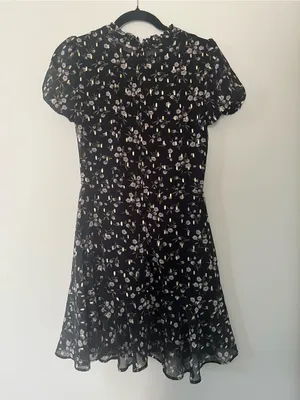 Black Pink Dainty Floral Chiffon Puff Sleeve Mini Dress Small Romantic Tea Party thumbnail 8