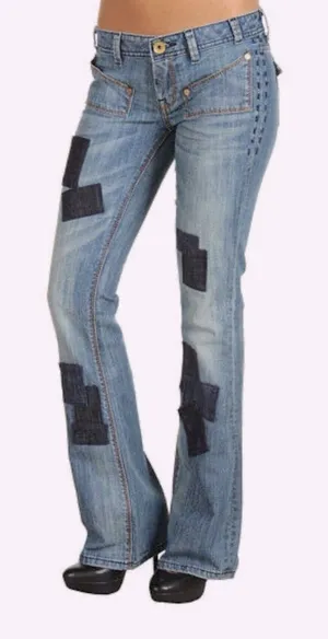 Set/2 MEK Denim Keros Skinny Super Bell Low Rise Flare Jeans Patchwork Dk Rinse thumbnail 1
