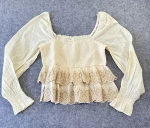 American‎ Eagle Cream Eyelet Embroidered Smocked Peasant Top Prairie Western NWT thumbnail 1