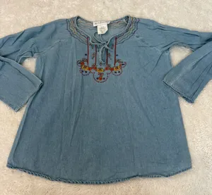 Motherhood VTG Womens Floral Embroidered Cotton Denim Long Sleeve Sz S Boho Indie Cottage thumbnail 1