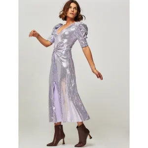 NWT ROTATE Birger Christensen Sierina Sequin Puff Sleeve Ruched Dress Lavender 0 thumbnail 8