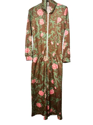 Boutique Scacto Brown w/Pink Roses Fitted LS Zip Dropped Waist Wide Leg Jumpsuit Hood XL thumbnail 2