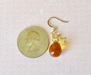Handmade amber Czech glass teardrop & gold stainless star cute dangle earrings 🤎🌟 thumbnail 7