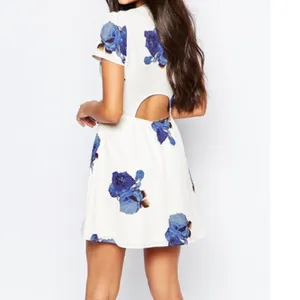 Blue White Rose Floral Cut Out Back Skater Fit Flare V Neck Mini Dress Sz S BWT thumbnail 2