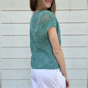 Y2K Teal Crochet Short Sleeve Cardigan Coverup Button Closure thumbnail 7