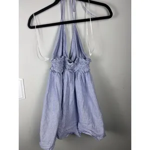 ZARA Blue Striped Halter Mini Dress XS | Blogger Favorite Smocked Waist Seersuck thumbnail 3