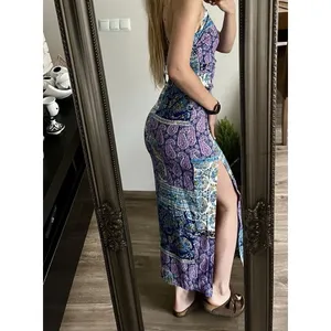 ZARA WOMAN PATCHWORK PRINT LINEN MAXI DRESS Twist Cross-BACK Size S High Slit thumbnail 14