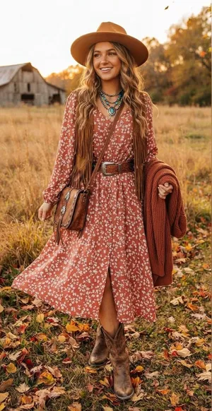 Índigo Rose Rust Floral V-Neck Midi Dress with Long Sleeves size L fall ready thumbnail 1