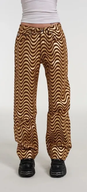 The Ragged Priest Metallic Gold Brown Wavy Swirl Straight Leg Jeans‎ Womens 24 thumbnail 1