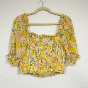 Astr Yellow Ditsy Floral Puff Sleeve Blouse Womens M Smocked Romantic Coquette thumbnail 8
