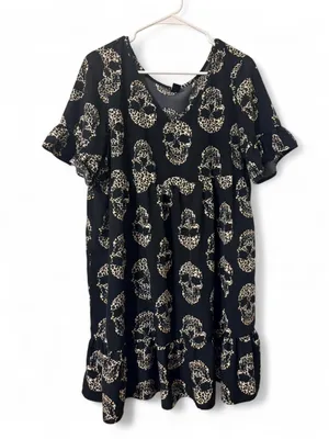 Emory Rose Black Skull-Print V-Neck Babydoll Dress/Top Sz M thumbnail 3