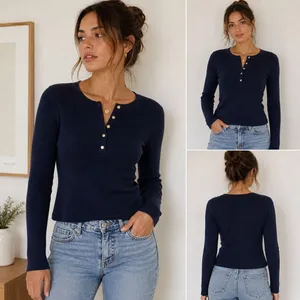 Abercrombie & Fitch Ribbed Henley Top Navy Long Sleeve Size M thumbnail 2