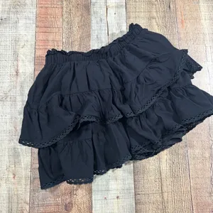 Black Ruffle Skort Shorts Tiered Boho Festival Lace Trim Rayon Mini Small thumbnail 1