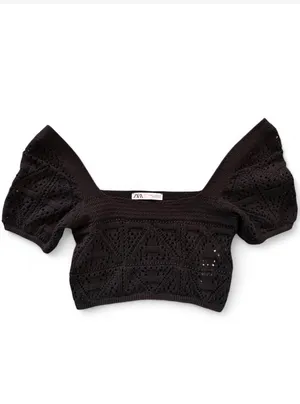 Zara dark olive green knitted crop top with off shoulder short sleeves & square neckline thumbnail 2