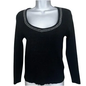 NANETTE LEPORE Black‎ Silver-tone Studded Scoop Neck Ribbed Knit L/S Top NWOT S thumbnail 2