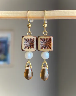 Handmade quality Czech glass beads & natural freshwater pearl chic fairy boho vintage retro style dangle earrings🌿✨ thumbnail 1