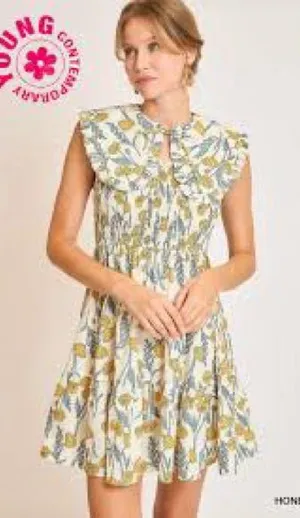 Umgee Honey Smocked Dress Cream Floral Button-Front Yellow Peter Pan collar thumbnail 1