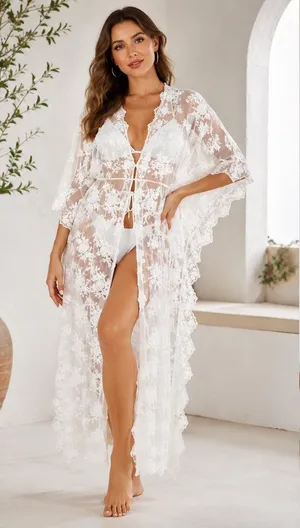 Ark & Co. White Floral Lace Duster Kimono Maxi Swim Cover-Up / Robe - Size S ✨ thumbnail 1