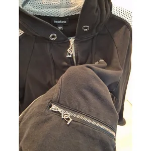 Bebe Short Zip Up Hoodie Y2K Style Womens L Black White Stripe Rhinestone Logo thumbnail 3