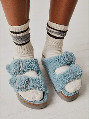 BIRKENSTOCK Arizona Big Buckle Genuine Shearling Slide Sandal in Faded Aqua thumbnail 1