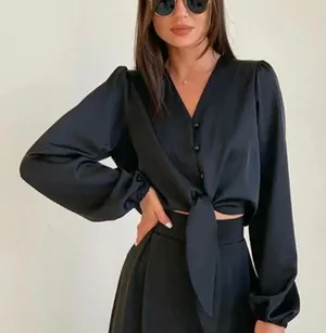 Commense NWT Black Satin Crop Blouse with Front Tie Night Out Minimalist Size S thumbnail 1