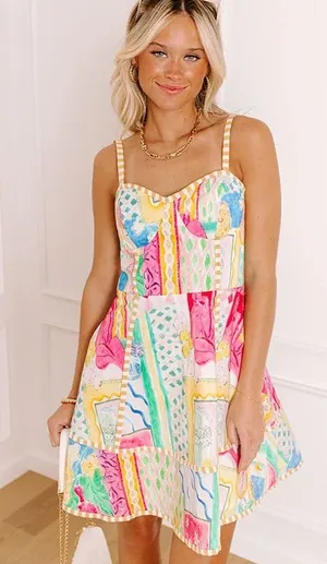 Impeccable Pig Sleeveless Multi-Print Summer Sundress - Pink & Yellow thumbnail 1