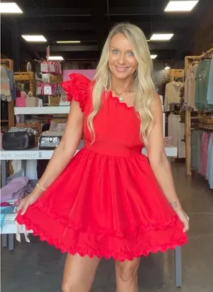 Main Strip Red One Shoulder Mini Dress Tiered Flounce Skirt Size Large Game Day Preppy Club thumbnail 1