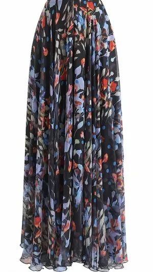 Chicwish Black Blooming Calla Lilly Floral Maxi Skirt with Blue and Red Accents thumbnail 1