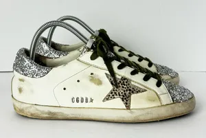 Golden Goose White Sneakers with Silver Glitter and Leopard Star Size 39 thumbnail 1