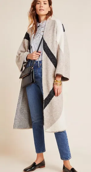 Anthropologie Antonia Neutral Geometric Open-Front Coatigan in Beige and Black L thumbnail 1