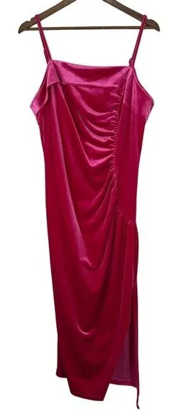 Cider Fuscia Pink Midi Dress Velvet Square Neck Rouched‎ Side Slit Formal NWT thumbnail 1