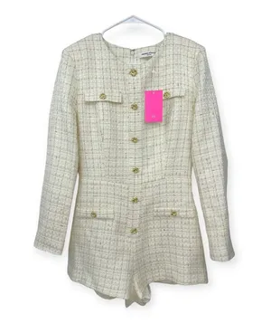 Amanda Uprichard | NWT | M | White with Gold Accent Tweed Fallon Romper thumbnail 3