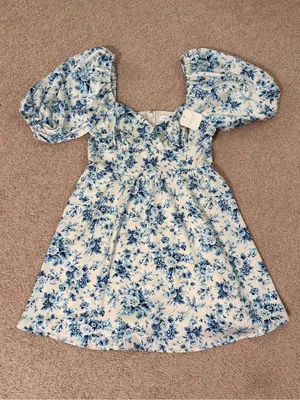 Altar’d State NWT Blue Floral Puff Sleeve Babydoll Mini Dress Medium Cottagecore thumbnail 2