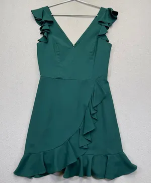 Amanda Uprichard‎ Emerald Green Ruffle V-Neck Mini Dress Size S Sleeveless Party thumbnail 1