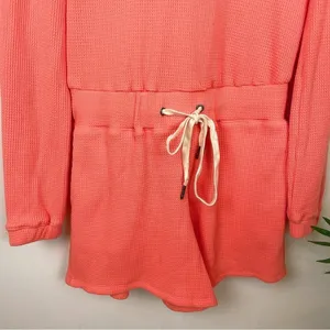 n:philanthropy Juliette Waffle Hooded Casual Summer Romper in Coral Loungewear thumbnail 5