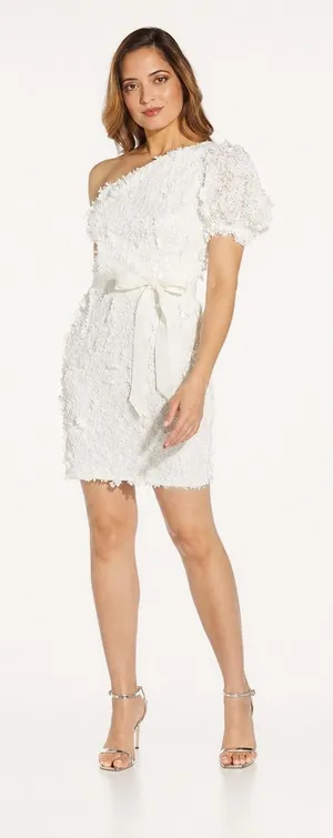Adrianna Papell One Shoulder 3D Floral Applique Mini Dress White Bridal Wedding thumbnail 1