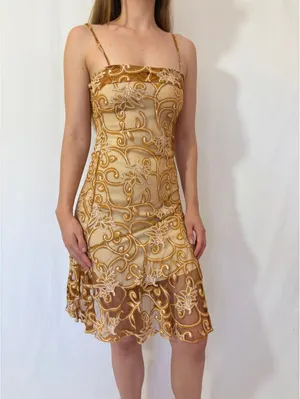 Gold Paisley Swirly Mesh Overlay Vintage Square Neck Formal Dress thumbnail 7