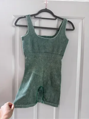 Zenana NWOT Green Washed Ribbed Seamless Tank Romper Removable Padded Cups thumbnail 3