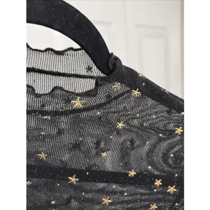 Celestial Star Mesh Top Womens Size S Black Gold Foil Y2K Sheer Mock thumbnail 2