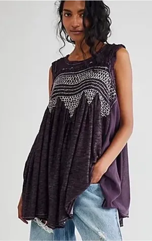 Free People Sea Breeze Dark Purple S Sleeveless Tunic Tank Boho Grunge Oversized thumbnail 1