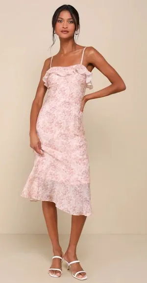 NWT Lulus Cherished Sweetheart Dusty Pink Floral Bustier Midi Dress Resort Sz M thumbnail 1